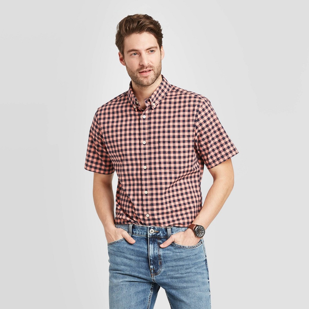 Men's Slim Fit Checked Short Sleeve Poplin Button-Down Shirt - Goodfellow & Co Bright Pink 2XL was $19.99 now $12.0 (40.0% off)