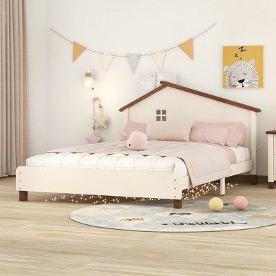 Full Size Wood Platform Bed With House-shaped Headboard Cream 