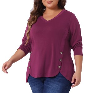 Agnes Orinda Women's Plus Size Long Sleeve V Neck Loose Fashion Buttons Tunic Blouse - 1 of 4