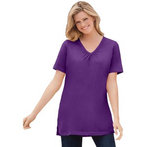 Woman Within Perfect Short-Sleeve Shirred V-Neck Tunic - 1 of 4