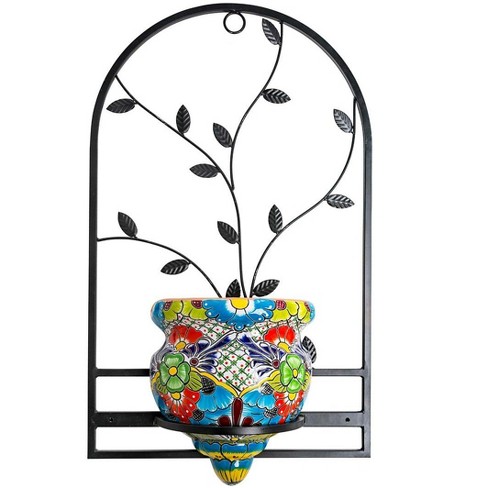 Wind & Weather Handcrafted Talavera-Style Terra Cotta Flat-Backed Wall  Planter with Wrought Iron Hanger