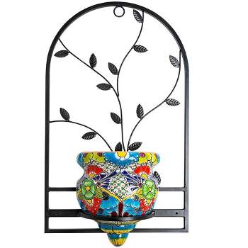 Wind & Weather Handcrafted Talavera-Style Terra Cotta Flat-Backed Wall Planter with Wrought Iron Hanger