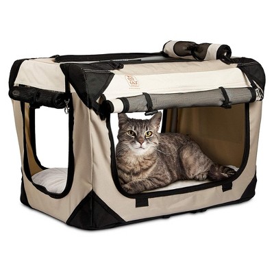 Happy Cat Premium Cat Carrier Soft Sided Foldable Top and Side Loading Pet Crate Carrier w/ Locking Zippers, Shoulder Straps, and Seat Belt, Tan