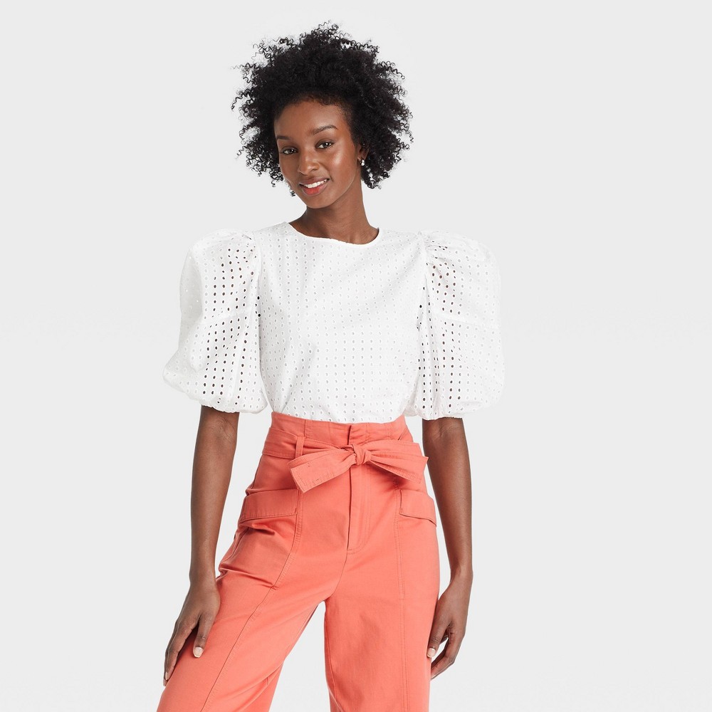 size XS Women's Short Puff Sleeve Eyelet Top - A New Day White XS