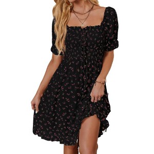 Coolmee Women's Floral Puff Sleeve Ruched Frill Trim Shirred A Line Boho Flared Dress - 1 of 4