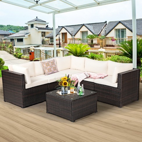 Costway 6pcs Patio Rattan Furniture Set Sectional Cushioned Sofa Deck Beige  : Target