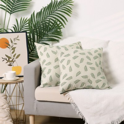 Leaf-Printed Beige and Green Cotton Pillow Covers 20'' x 20''