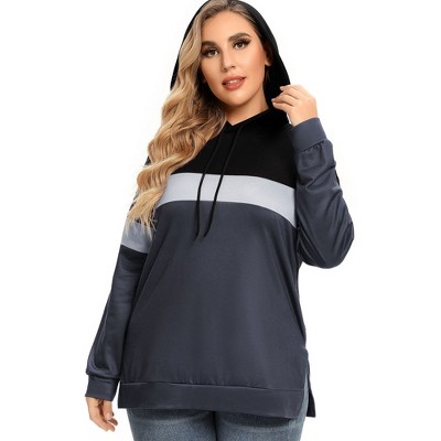 WhizMax Women Plus Size Striped Color Block hoodie Drawstring Long Sleeve Hooded Pullover Sweatshirt
