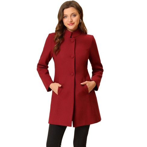 Allegra K Women's Winter Stand Collar Single Breasted Mid-thigh Long  Overcoat Red Large