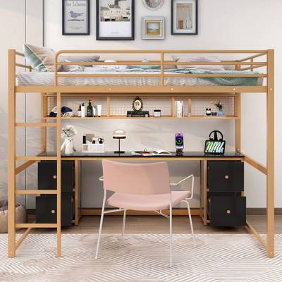 NicBex Full Loft Bed with Desk Metal Bed Frame with 4 Drawers, Long Storage Shelves, Ladder and Full Length Guardrail, No Box Spring Required
