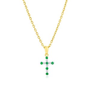 Classic Gold 14K Yellow Gold, 0.08ct Emerald & 0.05ct Diamond Cross 18 " Pendant Necklace  - (11 Stones) - Green - 1 of 3
