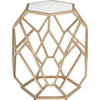 Coast to Coast Accents Modern Gold Metal Hexagon Accent Table 20 1/2" Real White Marble Tabletop for Living Room Bedroom Bedside