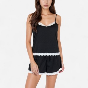 Anna-Kaci Lounge Women's Black Sleepwear Cami and Shorts Set with White Lace Trim Details - 1 of 4