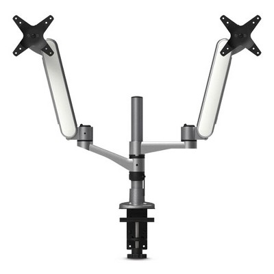 Kantek Multi-Directional Dual Monitor Arm, For 30" Monitors, 360 Deg Rotation, 105 Deg Tilt, 360 Deg Pan, Silver/WH, Supports 20 lbs