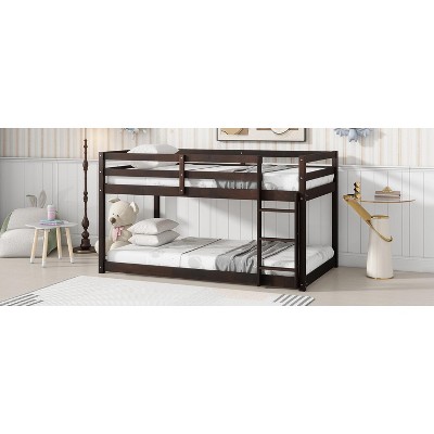 Vynxaria Solid Rubber Wood Twin Over Twin Floor Bunk Bed with Ladder & Strengthened Slats
