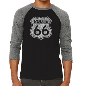 LA Pop Art Men's Raglan Baseball Word Art T-shirt - CITIES ALONG THE LEGENDARY ROUTE 66 - 1 of 4