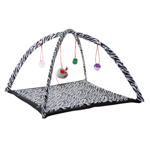 Zebra Print Cat Play Mat with Arch and Hanging Toys