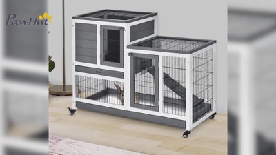 Brown and White Wooden Rabbit Hutch with Enclosed Run and Wheels
