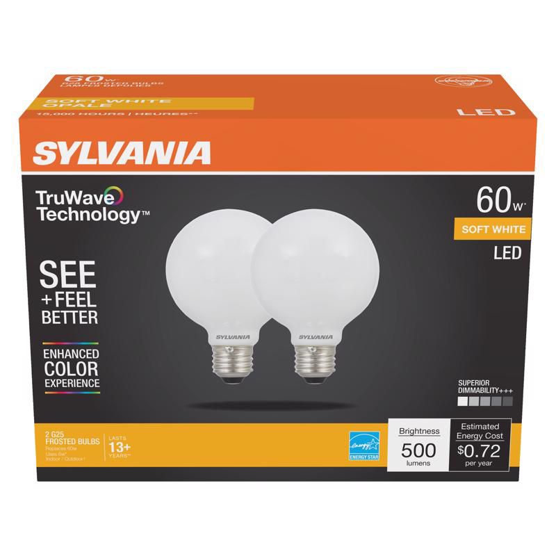 Sylvania TruWave G25 E26 (Medium) LED Bulb Soft White 60 Watt Equivalence 2 pk, 1 of 2