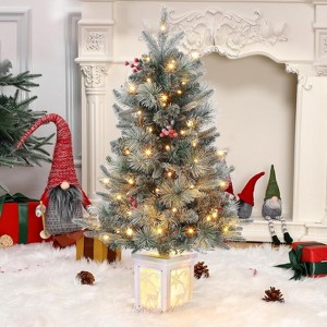 3FT/4.5FT Prelit Snow Flocked Christmas Tree, 78 LED, Tabletop Xmas Tree with Different Base for Decor - 1 of 4