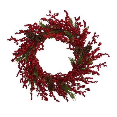 Nearly Natural 34” Cypress Artificial Wreath with Berries and Pine Cones