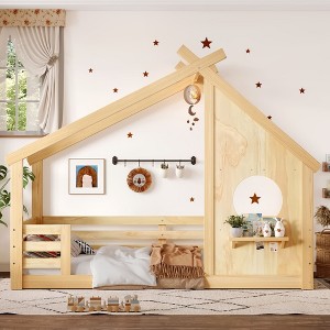 Okak Twin/Full House Floor Bed Frame with Window & Small Shelf,Solid Wood House-shaped Bed for Kids,No Spring Box Needed - 1 of 4