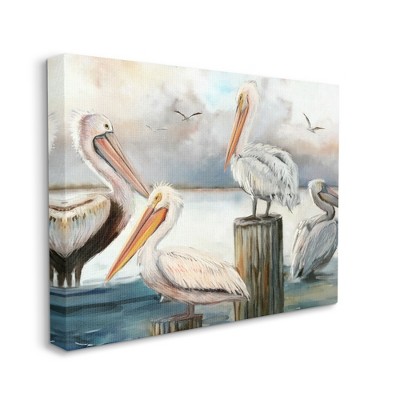 Pelicans Perched Cloudy Horizon 24x30 Canvas Wall Art