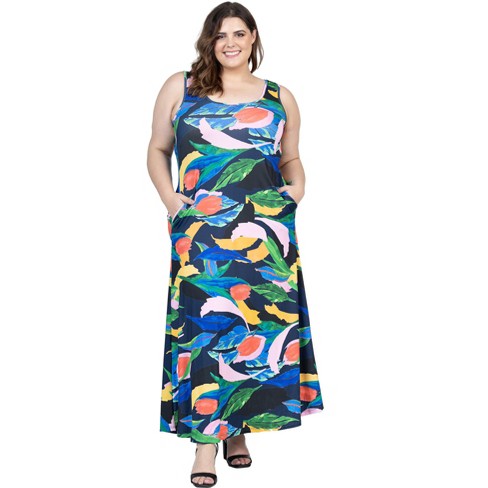 24seven Comfort Apparel Plus Size Teal Floral Print Sleeveless Casual Maxi  Dress With Pockets-Multicolored-1X