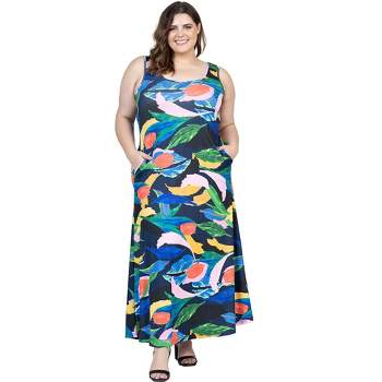 24seven Comfort Apparel Plus Size Teal Floral Print Sleeveless Casual Maxi Dress With Pockets