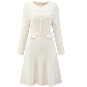 Hobemty Women's Tweed A-Line Long Sleeve Vintage Work Flare Dress - 1 of 4