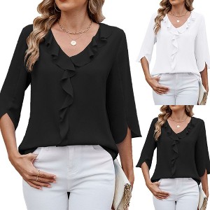 Women's 3/4 Sleeve V Neck Ruffled Casual Chiffon Top Shirts Dressy Work Outfits Blouses - 1 of 4