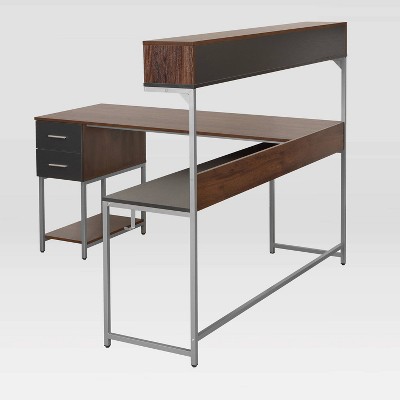 Walnut Wood L-Shaped Gaming Computer Desk with Hutch and Drawer