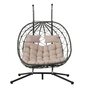 AEELLEEA Egg Swing Chair with Stand Cushion Strong Load Bearing 2 Person Hanging Wicker Hammock Chair for Indoor Outdoor Garden Patio Beige - 1 of 4