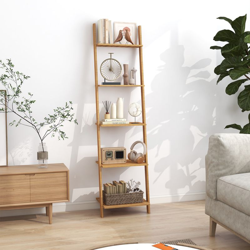 Tangkula 5-Tier Ladder Bookshelf Modern Bamboo Leaning Storage Rack Ladder-Style Bookcase Open Display, 4 of 8