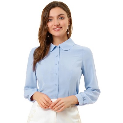Allegra K Women's Work Peter Pan Collar Long Bishop Sleeve Button Down Shirt