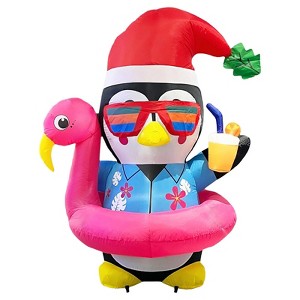 Itopfox 1 Piece 5FT Inflatable Hawaii Penguin Christmas Yard Decoration with Flamingo Ring Built in LED Lights for Outdoor Lawn Garden - 1 of 4