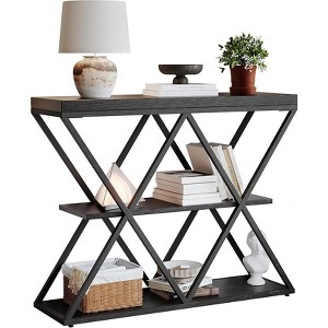 3-Tier Industrial Console Table with x-Shaped Metal Frame, Open Shelf Console Sofa Table for Living Room with Adjustable Feet - 1 of 4
