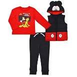 Disney Boy's 3-Pack Mickey Mouse Long Sleeve Graphic Tee, 3D Ear Hooded Vest and Drawstring Jogger Pant Set for infant