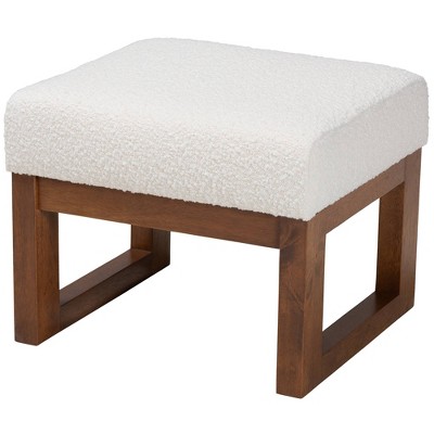 Off-White Boucle Upholstered Walnut Wood Ottoman Footstool
