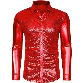 Lars Amadeus Men's Shiny Sequins Slim Fit Long Sleeves Button Down Disco Party Shirt