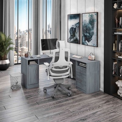 NicBex Home Office Desk L-Shape Morden Writing Desk with 2 Drawers, 2 Shelves, 1 Storage Cabinet, Wooden Desktop and Legs for Study and Work