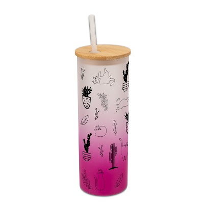 Elanze Designs Cactus Plant Desert Kitty Cat Lover Wrap-Around Design 25 Ounce Frosted Gradient Glass On-The-Go Coffee Travel Skinny Tumbler Mug Cup,