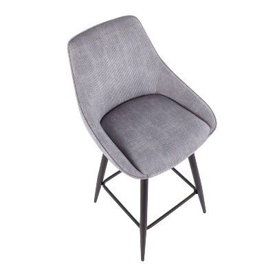 Set of 2 Gray Corduroy Swivel Counter Stools with Black Metal Legs