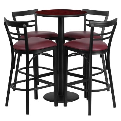 Flash Furniture 24'' Round Mahogany Laminate Table Set with Round Base and 4 Two-Slat Ladder Back Metal Barstools - Burgundy Vinyl Seat