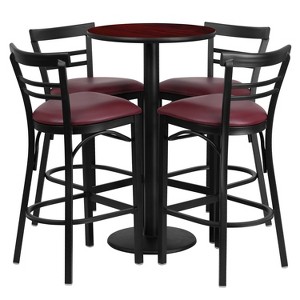 Flash Furniture 24'' Round Mahogany Laminate Table Set with Round Base and 4 Two-Slat Ladder Back Metal Barstools - Burgundy Vinyl Seat - 1 of 2