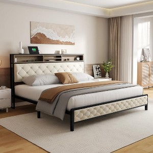 Aortzio King Size Metal Floor Bed,Platform Bed Frame with Charging Station & Upholstered Headboard - 1 of 4