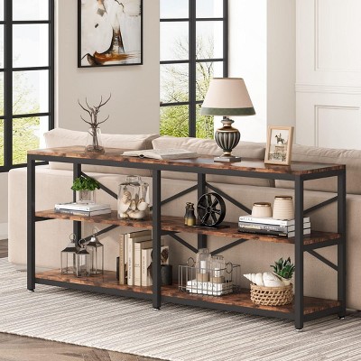 INFURNIC Decorative Bookshelf 70.9" Extra Long Console Table 3 Tier Industrial Storage Shelf Modern Design, Brown, 70.87"*11.81"*31.89"