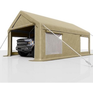 Acekool 12x20 Ft Carport with 200g PE Tarp, Roll-Up Doors, 4 Mesh Windows, Galvanized Steel Frame, Gray - Fits Pickups, SUVs, Boats - 1 of 4