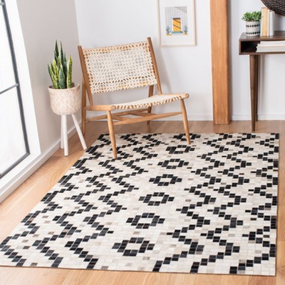 Contemporary Geometric Hand-Knotted Black Cowhide Area Rug