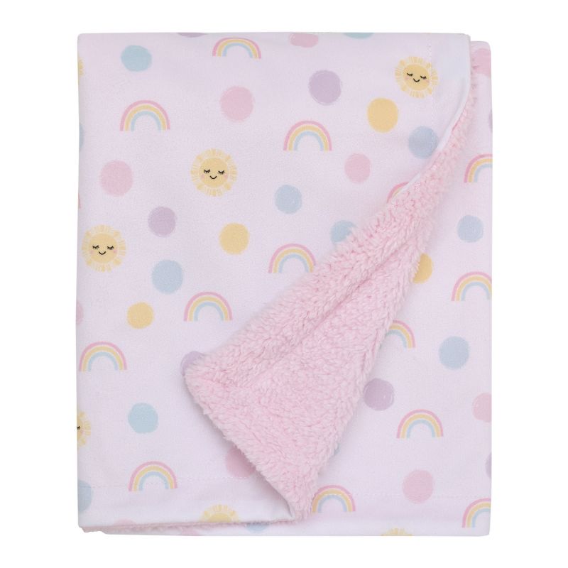 NoJo Happy Days Pink, Yellow and Blue Rainbows, Sun and Polka-Dot Super Soft Cuddly Plush Baby Blanket, 1 of 5